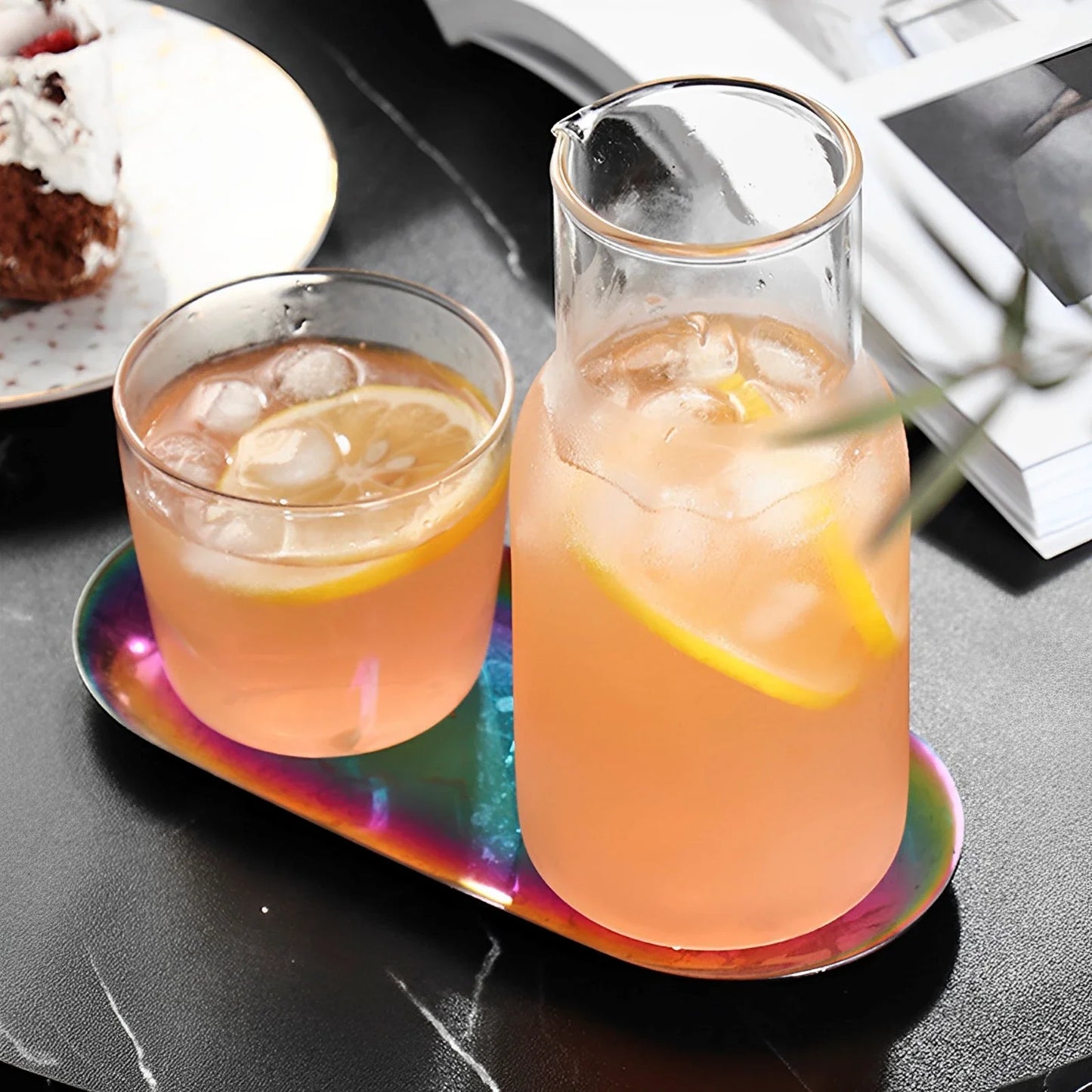 Glas-Wasserkrug Set mit Becher 500ML/600ML - Hitzebeständige Karaffe mit V-förmiger Öffnung
